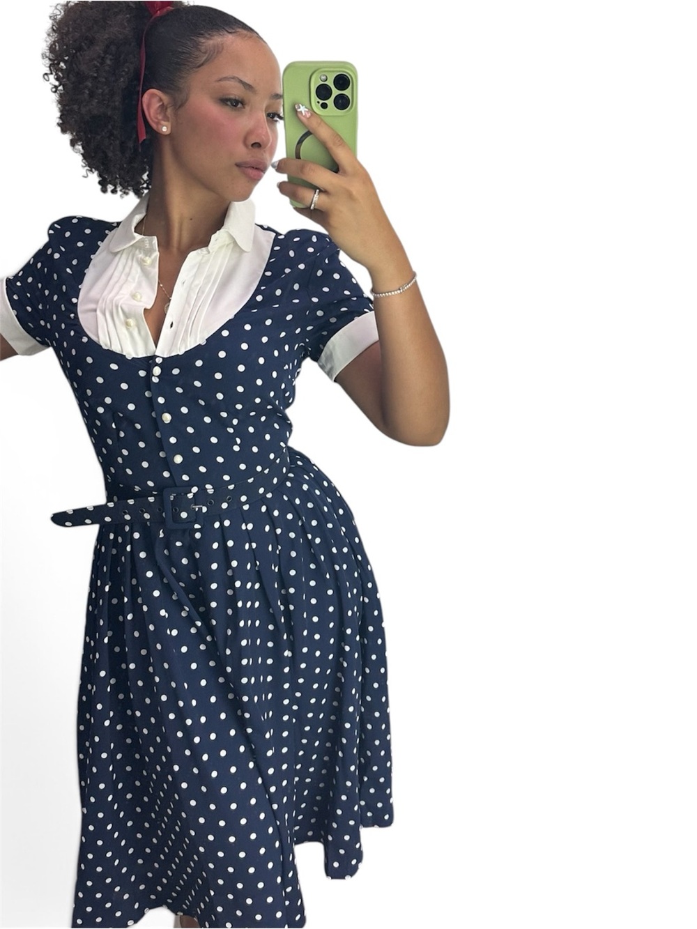 Unique Vintage Navy Polka Dot Fit-and-Flare Dress with White Collar